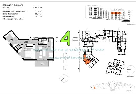 Pronájem bytu, Modřany, byt 3+kk, 73.5 m2 + balkon 7.7 m2 - projekt Modřanský cukrovar, Rent4Ever.cz